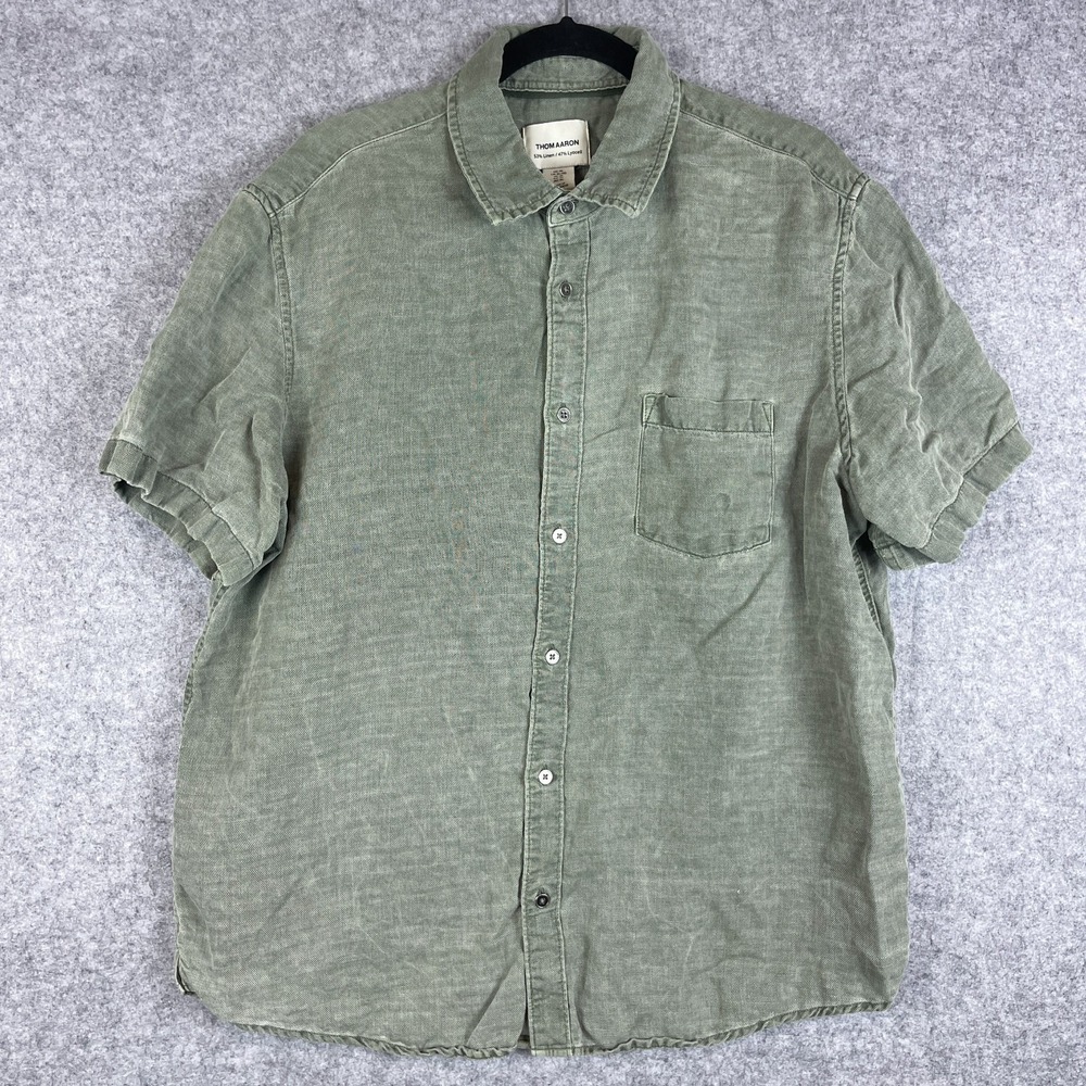 Thom Aaron Linen Blend Shirt Mens XL Green Button Up Short Sleeve Resort Casual